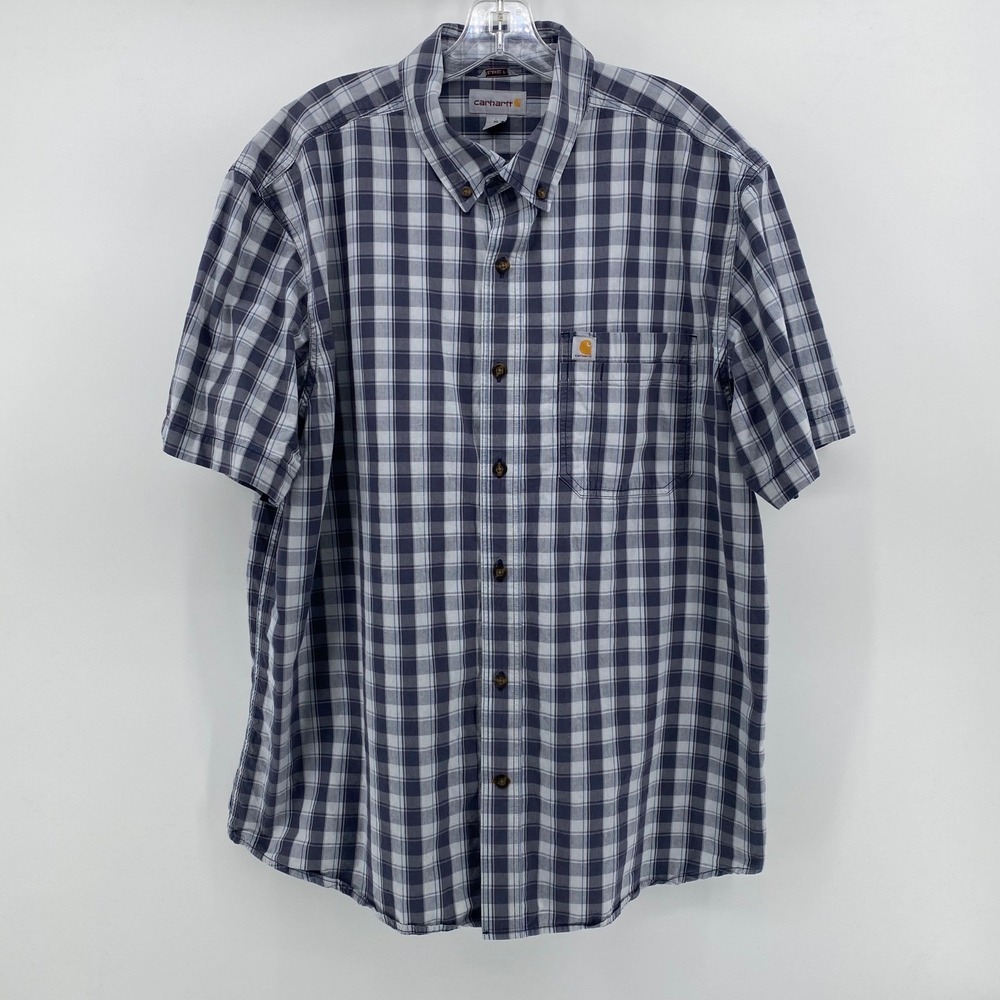 Carhartt Mens Relaxed Fit Plaid Short Sleeve Button Down Shirt Blue XL